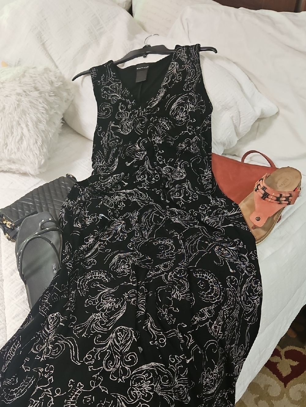 Black Maxi Dress with White Swirl Print — Sleeveless V-Neck Size L